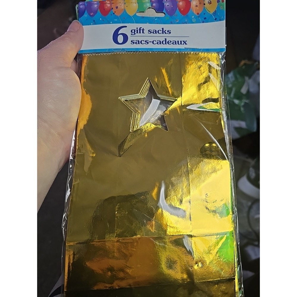 Party Bags Gift Sacks w/ Star Cut Out * Shiny Gold Sparkle 6 Count Bags Lot Of 4